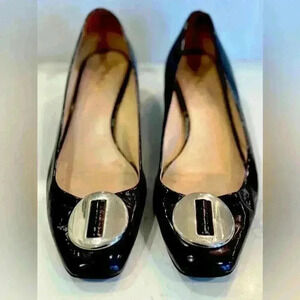 Prada Logo Black Patent Square Toe Low Block Heels Pumps Size 40
